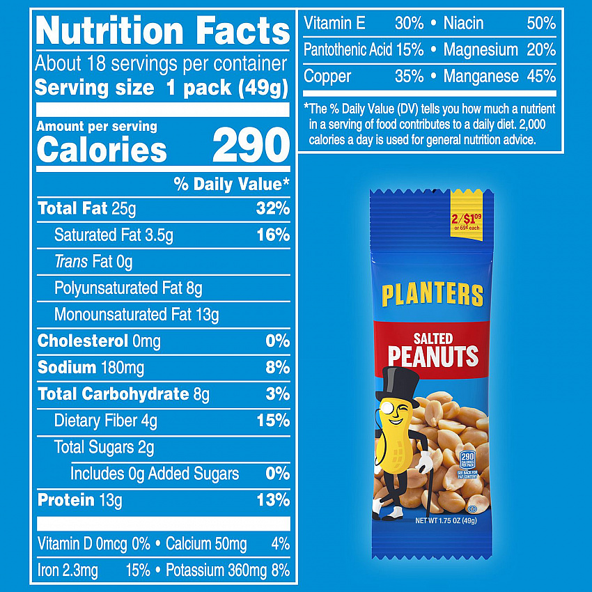 Salted Peanuts, 1.75 oz Pack, 18 Packets/Box, 2 Boxes/Carton (60004060)