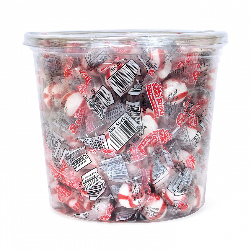 Bobs Sweet Stripes Soft Candy, Peppermint, 0.18 oz Individually Wrapped, 160/Tub, 2 Tubs/Carton (60004070)