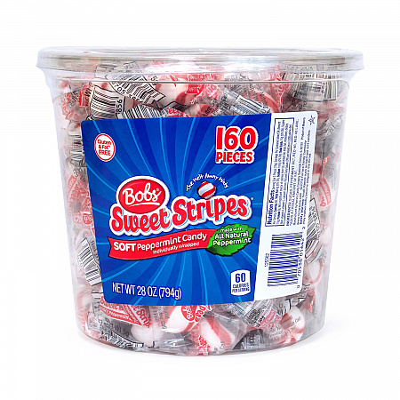 Bobs Sweet Stripes Soft Candy, Peppermint, 0.18 oz Individually Wrapped, 160/Tub, 2 Tubs/Carton (60004070)