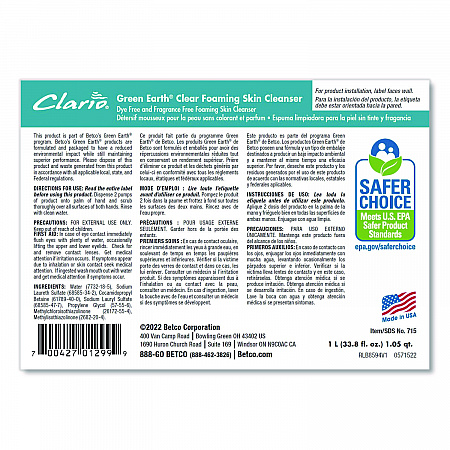 Green Earth Clear Foaming Skin Cleanser Refill, Fragrance-Free, 1,000 mL, 6/Carton (7152900)