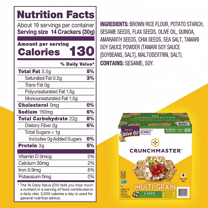 5-Seed Multi-Grain Crunchy Oven Baked Crackers, Original, 5 oz Bags, 4/Box, 2 Boxes/Carton (60004077)