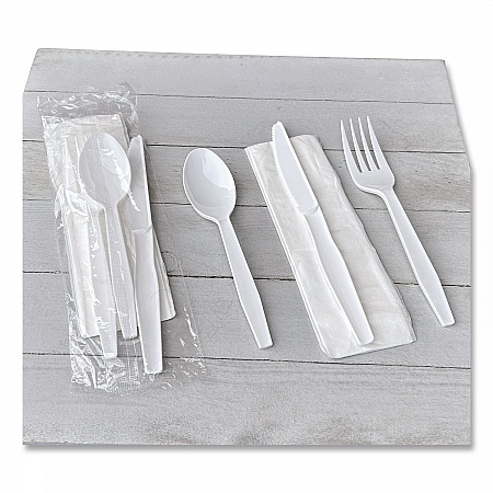 Four-Piece Polystyrene Cutlery Kit, Mediumweight, Fork/Knife/Napkin/Spoon, Plastic, White, 250/Carton (4KITWHPS)