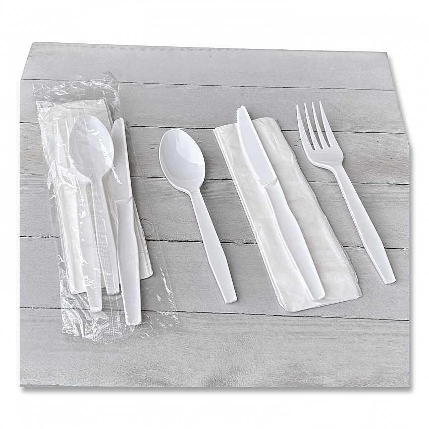 Four-Piece Polystyrene Cutlery Kit, Mediumweight, Fork/Knife/Napkin/Spoon, Plastic, White, 250/Carton (4KITWHPS)