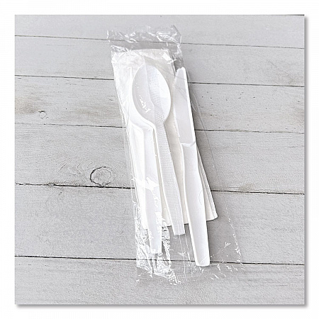 Four-Piece Polystyrene Cutlery Kit, Mediumweight, Fork/Knife/Napkin/Spoon, Plastic, White, 250/Carton (4KITWHPS)