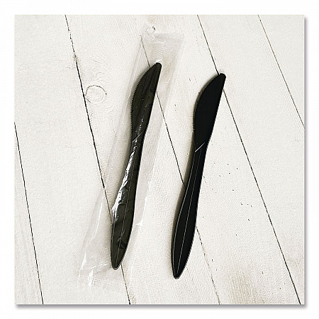 Mediumweight Wrapped Polypropylene Cutlery, Knife, Plastic, Black, 1,000/Carton (KNIFEBLPPIW)