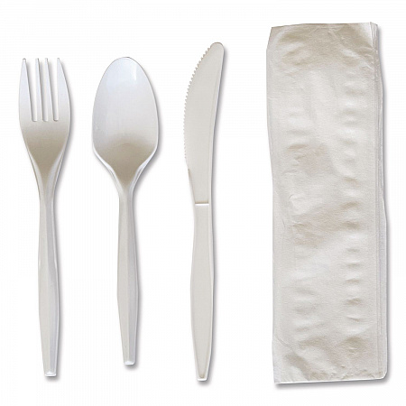 Four-Piece Polypropylene Cutlery Kit, Mediumweight, Fork/Knife/Napkin/Spoon, Plastic, White, 250/Carton (4COMBOKITPP)
