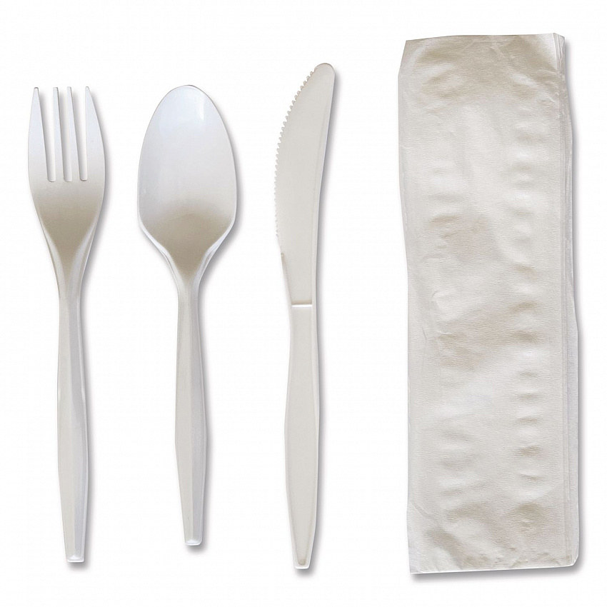 Four-Piece Polypropylene Cutlery Kit, Mediumweight, Fork/Knife/Napkin/Spoon, Plastic, White, 250/Carton (4COMBOKITPP)