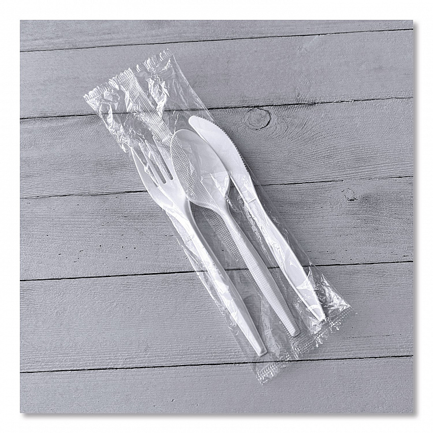 Three-Piece Cutlery Kit, Mediumweight, Fork/Knife/Spoon, 6.97", Plastic, White, 250/Carton (3COMBOKITPP)