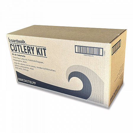Three-Piece Polypropylene Cutlery Kit, Mediumweight, Fork/Knife/Spoon, Plastic, Black, 250/Carton (3KITBLPP)