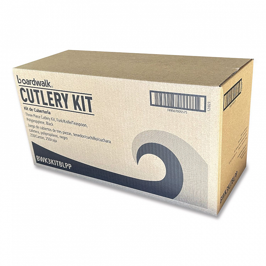 Three-Piece Polypropylene Cutlery Kit, Mediumweight, Fork/Knife/Spoon, Plastic, Black, 250/Carton (3KITBLPP)