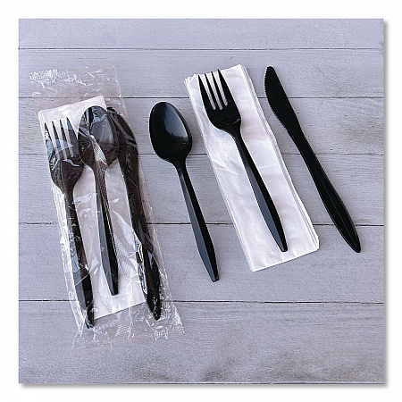Four-Piece Cutlery Kit, Mediumweight, Fork/Knife/Napkin/Spoon, Plastic, 6.38