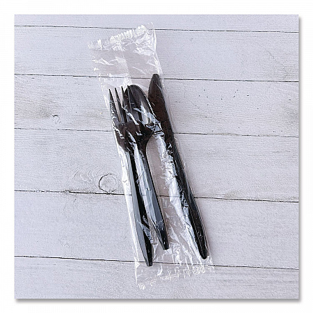 Three-Piece Polypropylene Cutlery Kit, Mediumweight, Fork/Knife/Spoon, Plastic, Black, 250/Carton (3KITBLPP)