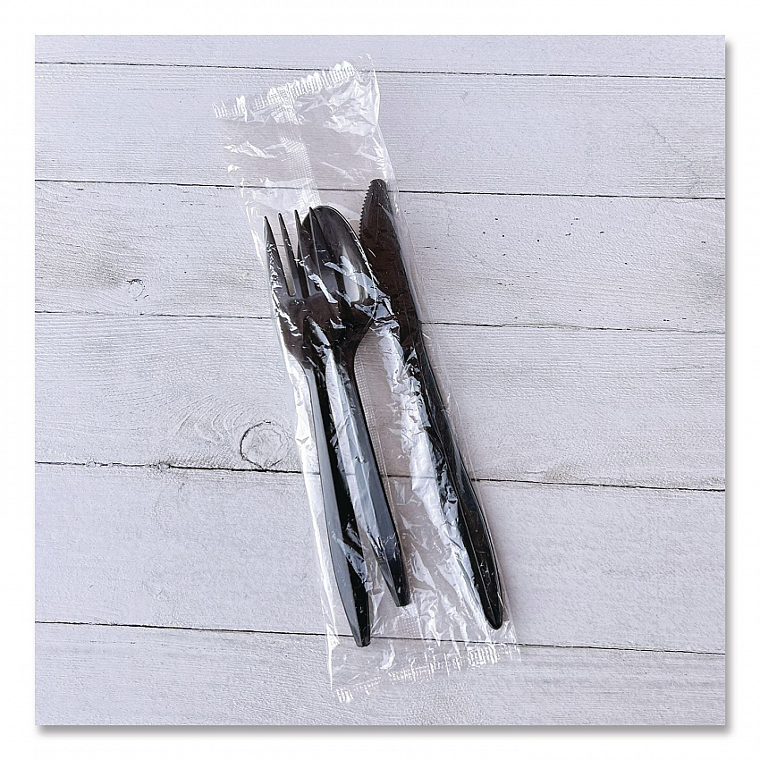 Three-Piece Polypropylene Cutlery Kit, Mediumweight, Fork/Knife/Spoon, Plastic, Black, 250/Carton (3KITBLPP)