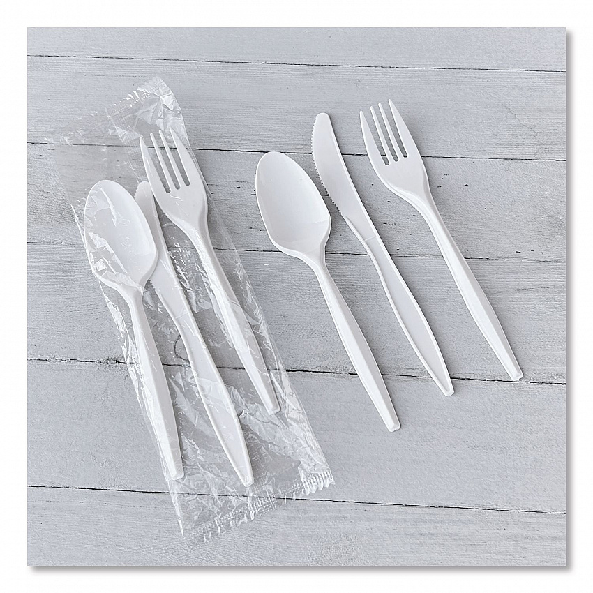 Three-Piece Cutlery Kit, Mediumweight, Fork/Knife/Spoon, 6.97", Plastic, White, 250/Carton (3COMBOKITPP)