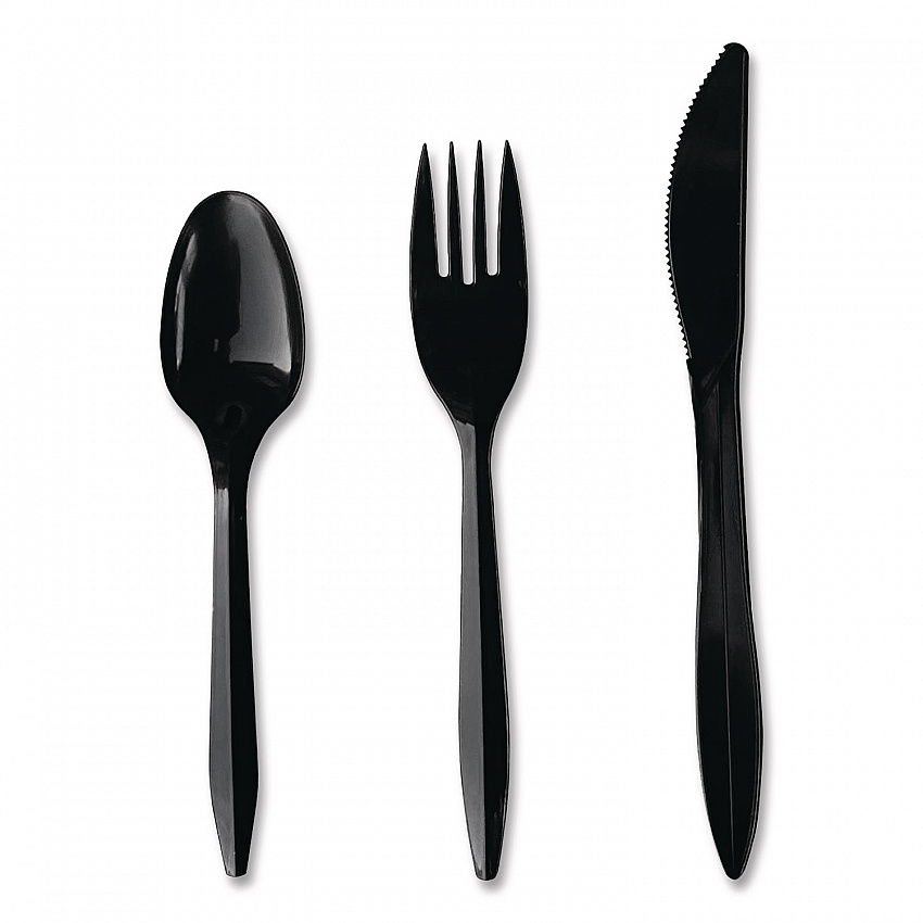 Four-Piece Cutlery Kit, Mediumweight, Fork/Knife/Napkin/Spoon, Plastic, 6.38", Black, 250/Carton (4KITBLPP)