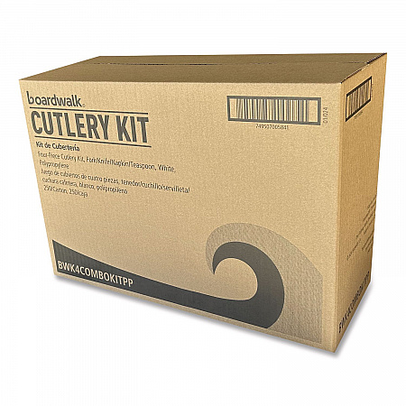 Four-Piece Polypropylene Cutlery Kit, Mediumweight, Fork/Knife/Napkin/Spoon, Plastic, White, 250/Carton (4COMBOKITPP)