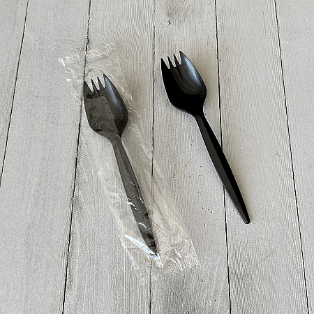 Mediumweight Wrapped Polypropylene Cutlery, Spork, Plastic, Black, 1,000/Carton (SPORKBLPPIW)