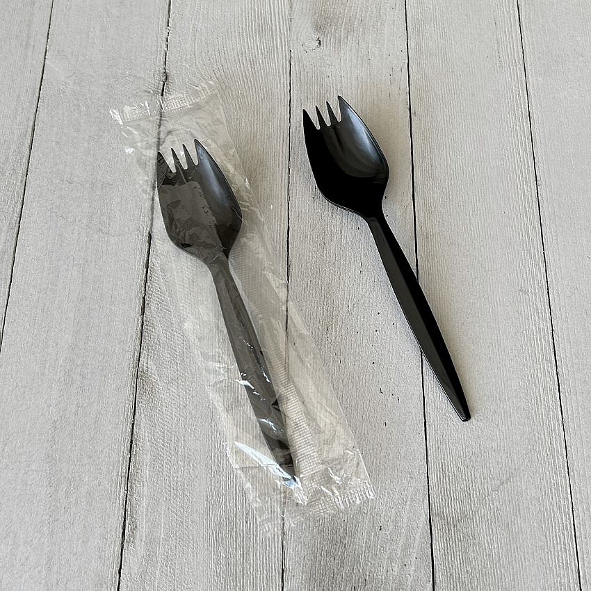 Mediumweight Wrapped Polypropylene Cutlery, Spork, Plastic, Black, 1,000/Carton (SPORKBLPPIW)