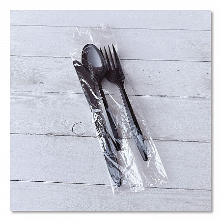 Three-Piece Polystyrene Cutlery Kit, Mediumweight, Fork/Knife/Spoon, Plastic, Black, 250/Carton (3KITBLPS)