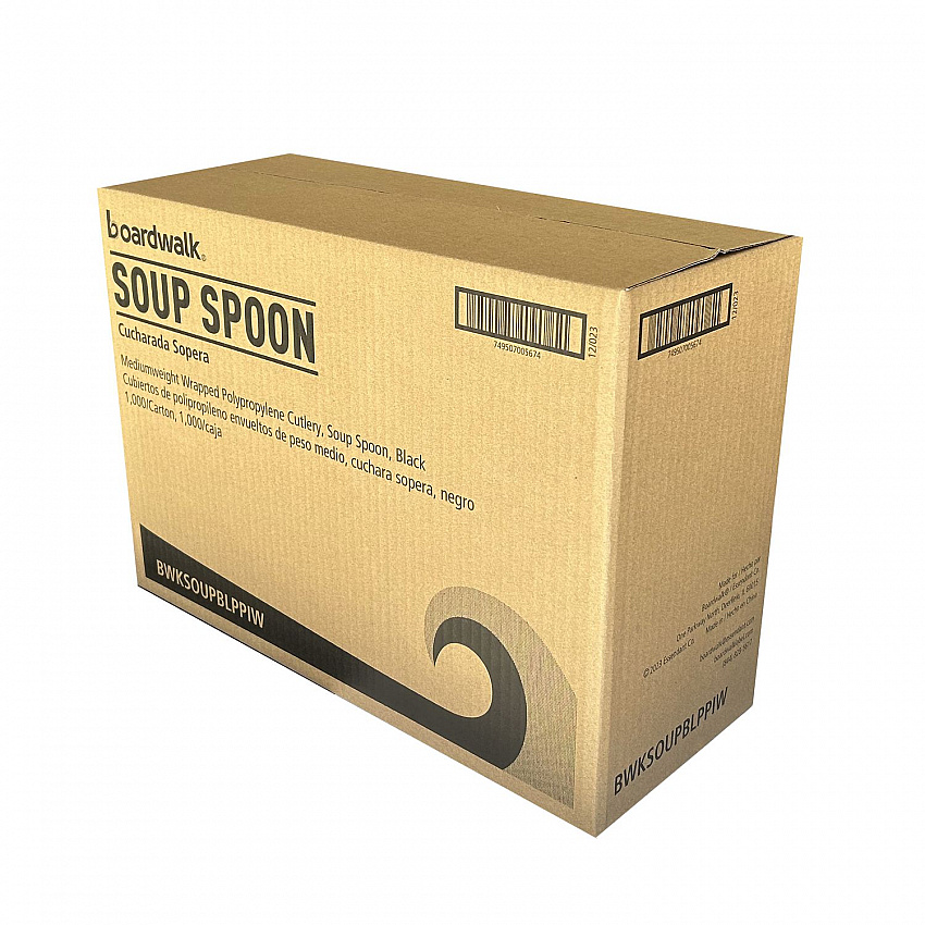 Mediumweight Wrapped Polypropylene Cutlery, Soup Spoon, Plastic, Black, 1,000/Carton (SOUPBLPPIW)
