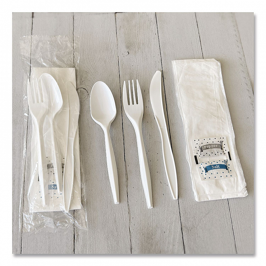 Six-Piece Cutlery Kit, Mediumweight, Fork/Knife/Napkin/Pepper/Salt/Spoon, 5.86", Plastic, White, 250/Carton (6COMBOKITPP)