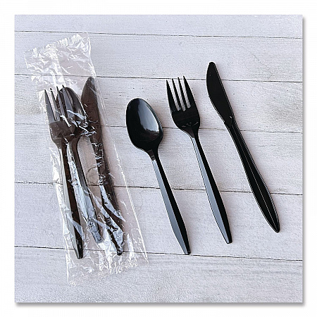 Three-Piece Polypropylene Cutlery Kit, Mediumweight, Fork/Knife/Spoon, Plastic, Black, 250/Carton (3KITBLPP)