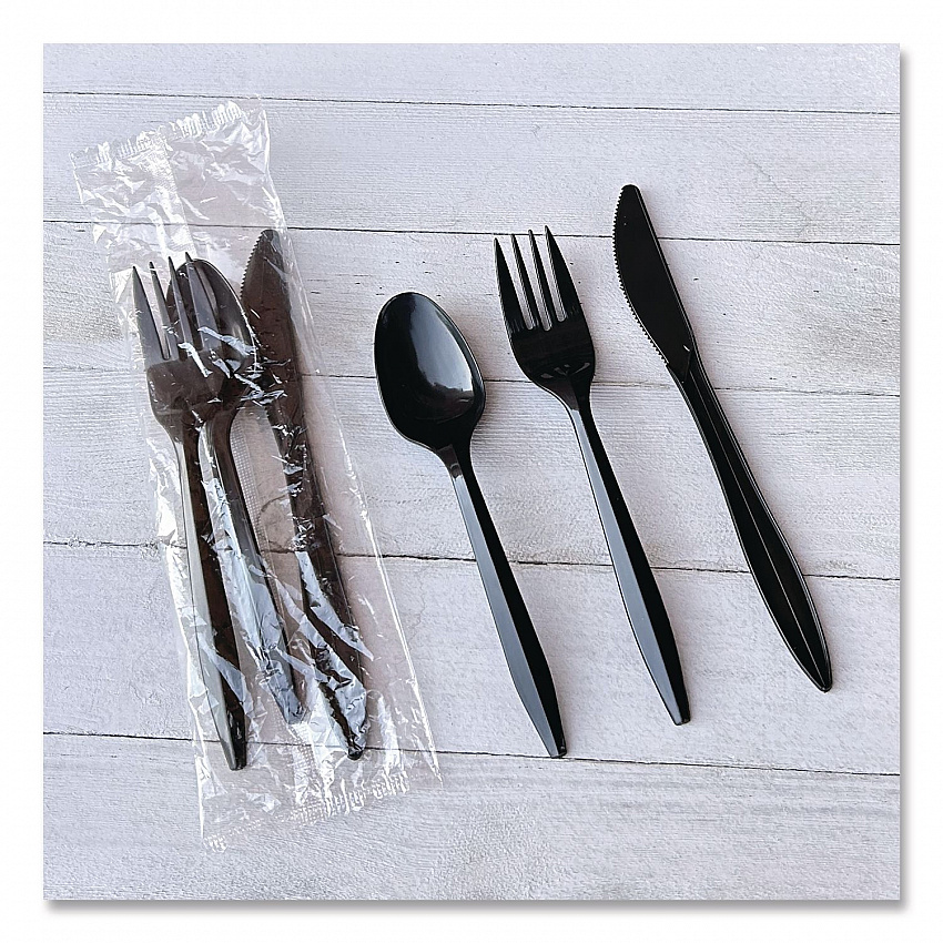 Three-Piece Polypropylene Cutlery Kit, Mediumweight, Fork/Knife/Spoon, Plastic, Black, 250/Carton (3KITBLPP)