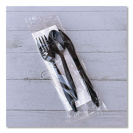 Four-Piece Cutlery Kit, Mediumweight, Fork/Knife/Napkin/Spoon, Plastic, 6.38