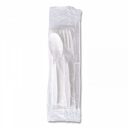 Four-Piece Polystyrene Cutlery Kit, Mediumweight, Fork/Knife/Napkin/Spoon, Plastic, White, 250/Carton (4KITWHPS)