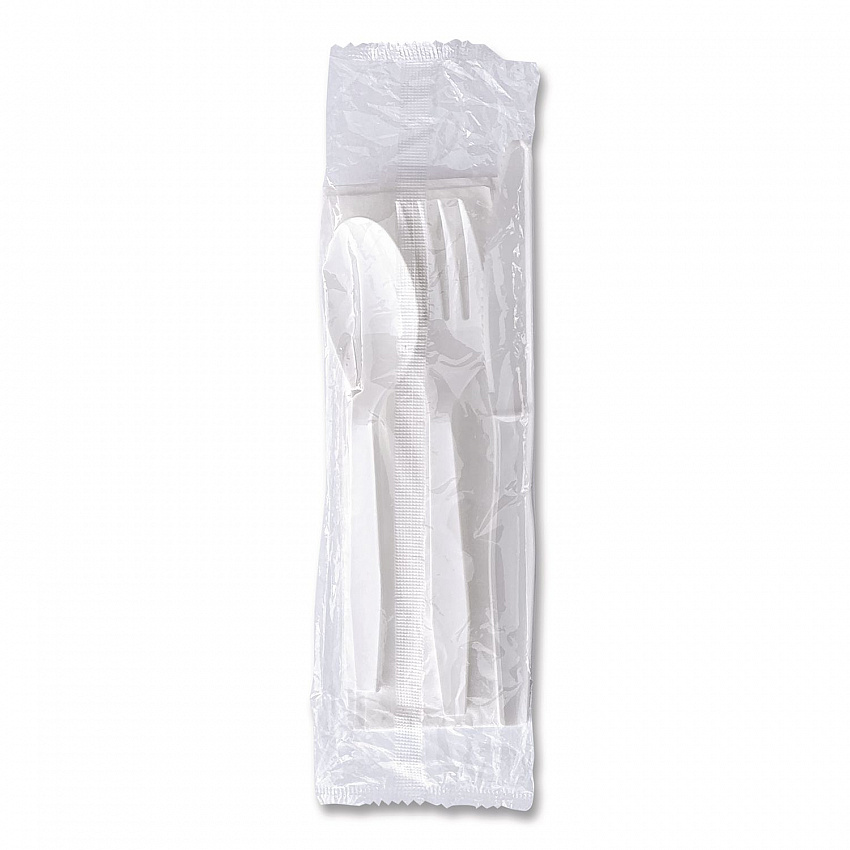 Four-Piece Polystyrene Cutlery Kit, Mediumweight, Fork/Knife/Napkin/Spoon, Plastic, White, 250/Carton (4KITWHPS)