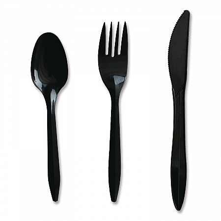 Three-Piece Polystyrene Cutlery Kit, Mediumweight, Fork/Knife/Spoon, Plastic, Black, 250/Carton (3KITBLPS)