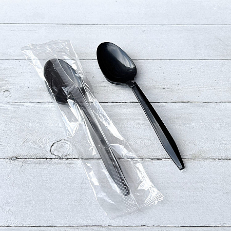 Mediumweight Polypropylene Cutlery, Individually Wrapped, Spoon, Plastic, Black, 1,000/Carton (SPOONBLPPIW)