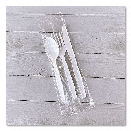 Three-Piece Polystyrene Cutlery Kit, Heavyweight, Fork/Knife/Spoon, Plastic, White, 250/Carton (3KITHVYWH)