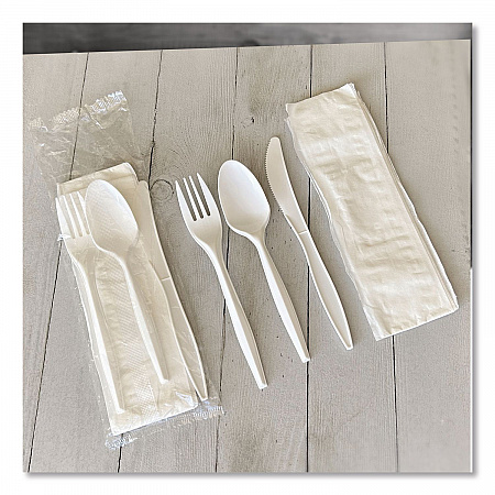 Four-Piece Polypropylene Cutlery Kit, Mediumweight, Fork/Knife/Napkin/Spoon, Plastic, White, 250/Carton (4COMBOKITPP)
