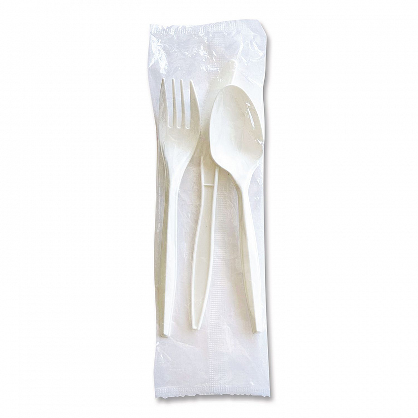 Three-Piece Cutlery Kit, Mediumweight, Fork/Knife/Spoon, 6.97", Plastic, White, 250/Carton (3COMBOKITPP)