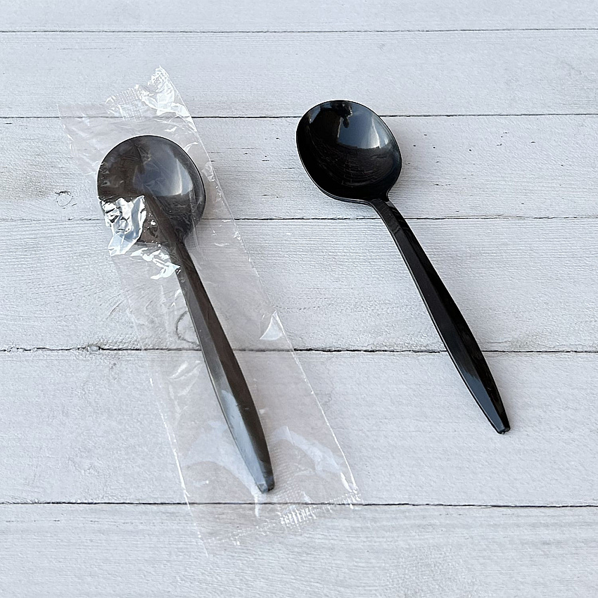 Mediumweight Wrapped Polypropylene Cutlery, Soup Spoon, Plastic, Black, 1,000/Carton (SOUPBLPPIW)