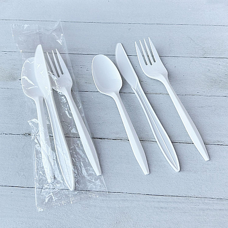 Three-Piece Polystyrene Cutlery Kit, Mediumweight, Fork/Knife/Spoon, Plastic, White, 250/Carton (3KITWHPS)