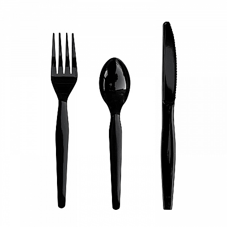 Three-Piece Polystyrene Cutlery Kit, Heavyweight, Fork/Knife/Spoon, Plastic, Black, 250/Carton (3KITHVYBL)
