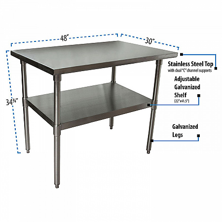 Stainless Steel Flat Top Work Tables, 48w x 30d x 36h, Silver, 2/Pallet (2VT4830)