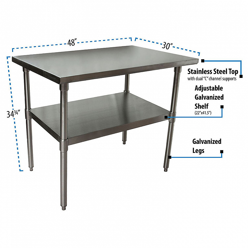 Stainless Steel Flat Top Work Tables, 48w x 30d x 36h, Silver, 2/Pallet (2VT4830)