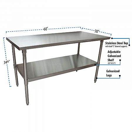 Stainless Steel Flat Top Work Tables, 60w x 30d x 36h, Silver, 2/Pallet (2VT6030)