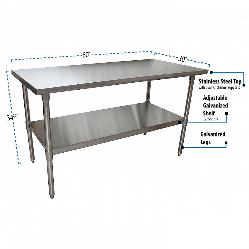 Stainless Steel Flat Top Work Tables, 60w x 30d x 36h, Silver, 2/Pallet (2VT6030)
