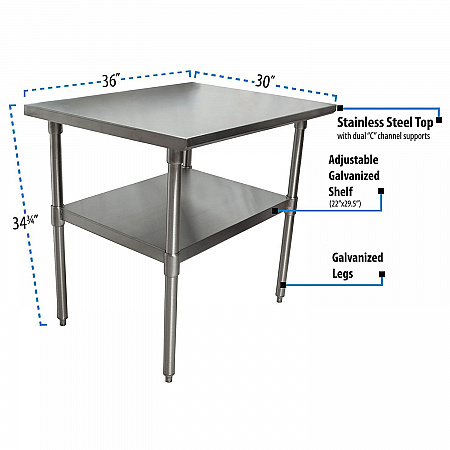 Stainless Steel Flat Top Work Tables, 36w x 30d x 36h, Silver, 2/Pallet (2VT3630)
