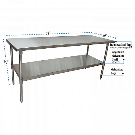 Stainless Steel Flat Top Work Tables, 72w x 30d x 36h, Silver, 2/Pallet (2VT7230)