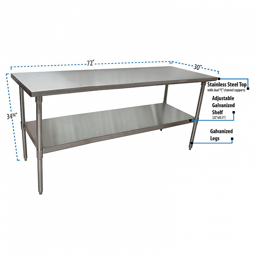 Stainless Steel Flat Top Work Tables, 72w x 30d x 36h, Silver, 2/Pallet (2VT7230)