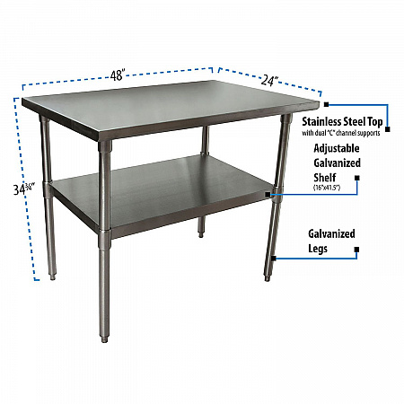 Stainless Steel Flat Top Work Tables, 48w x 24d x 36h, Silver, 2/Pallet (2VT4824)