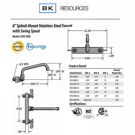 Evolution Splash Mount Stainless Steel Faucet, 4.63