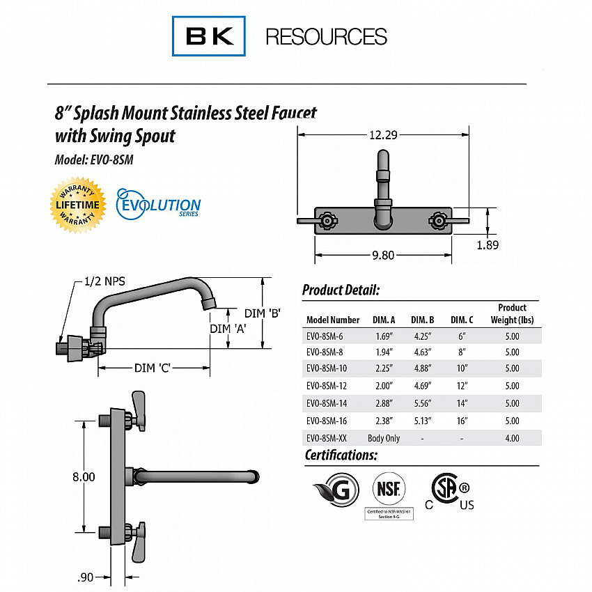 Evolution Splash Mount Stainless Steel Faucet, 4.63" Height, 8" Reach, Stainless Steel (EVO8SM8)