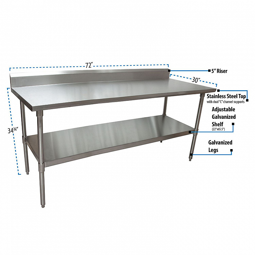 Stainless Steel 5" Riser Top Tables, 72w x 30d x 39.75h, Silver, 2/Pallet (2VTR57230)