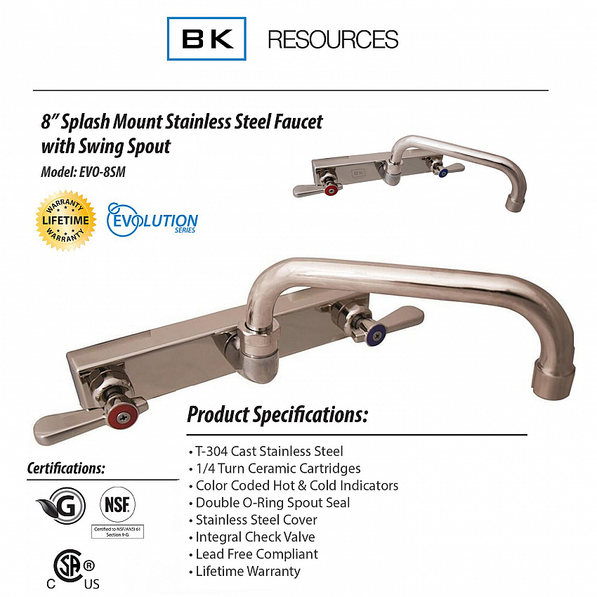 Evolution Splash Mount Stainless Steel Faucet, 4.88" Height/10" Reach, Stainless Steel (EVO8SM10)